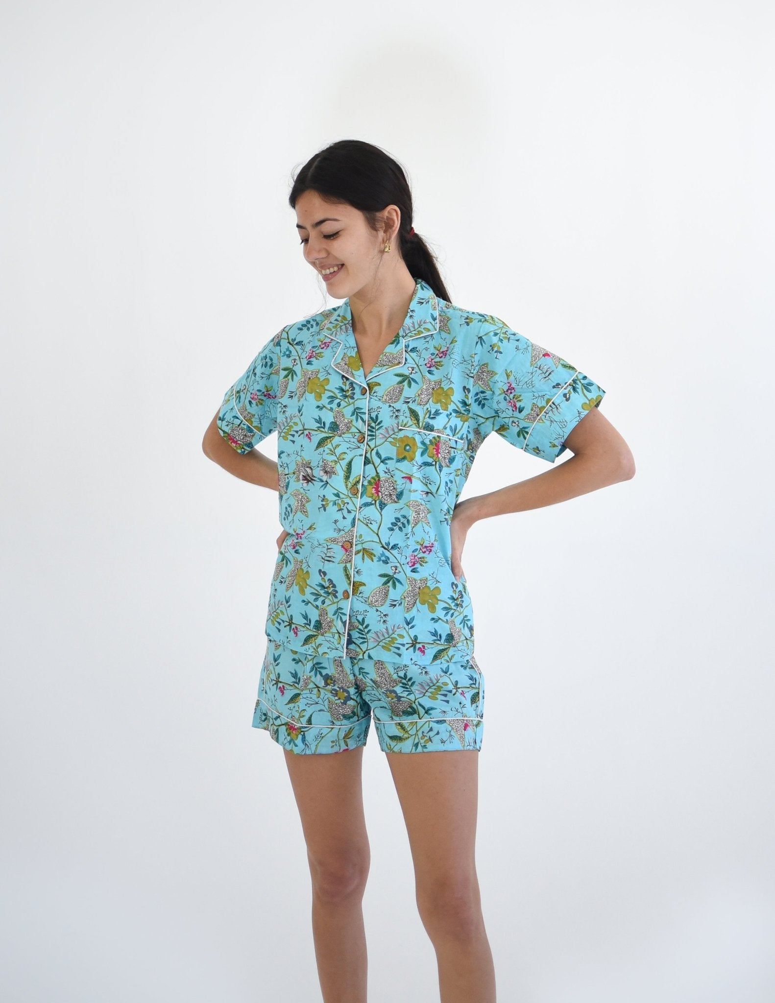 Shorty Pyjamas - Turq Flower - Gawjus New Zealand