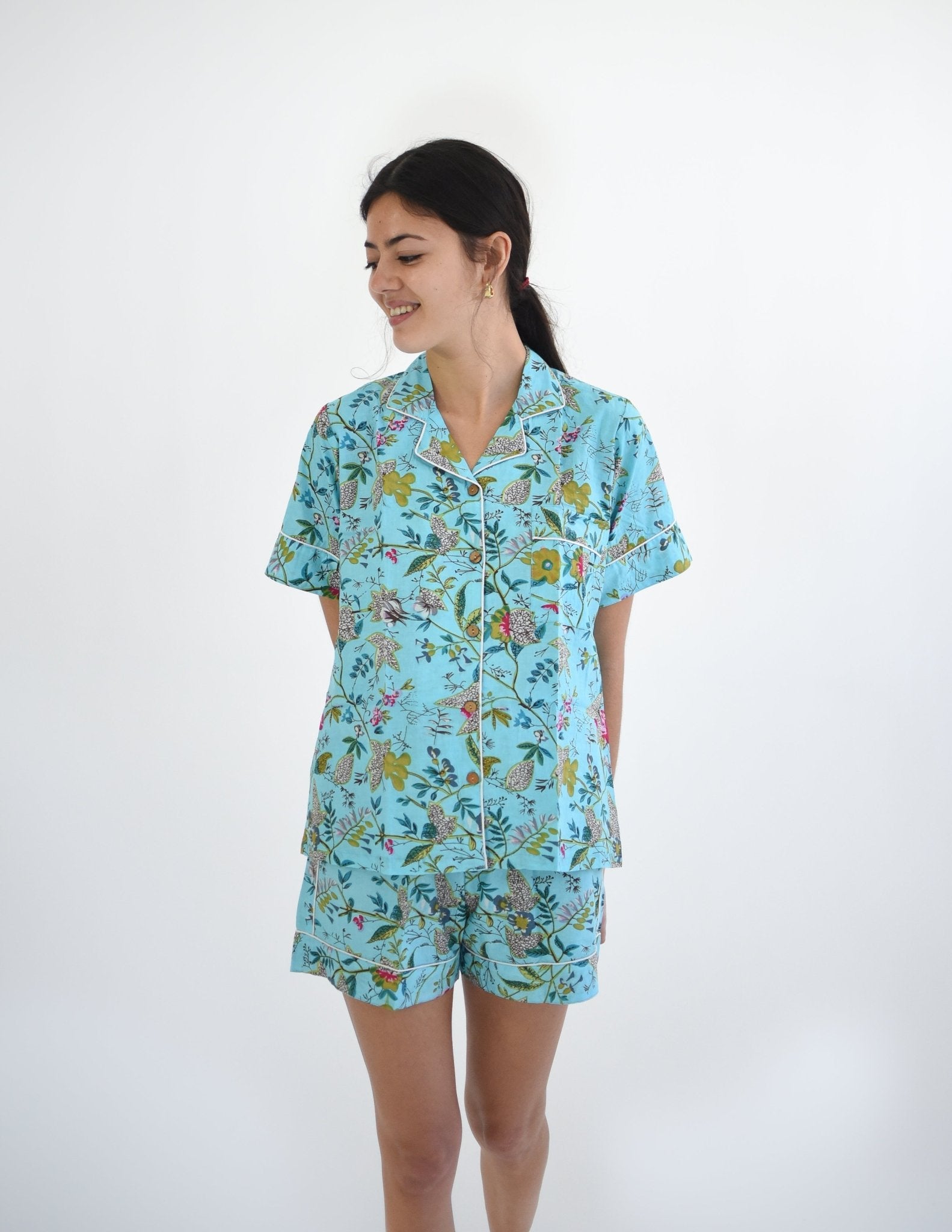 Shorty Pyjamas - Turq Flower - Gawjus New Zealand